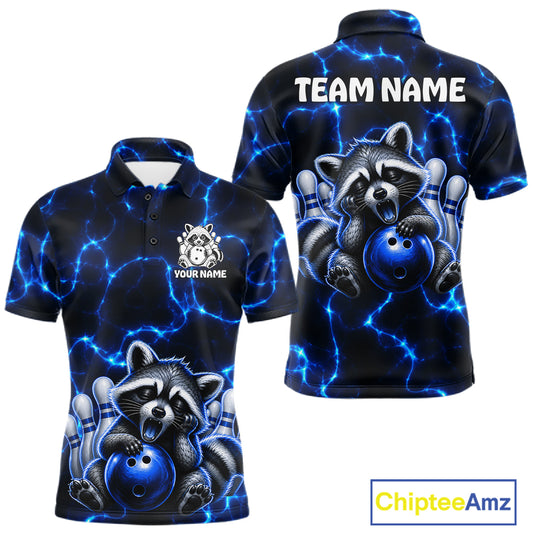 Funny Raccoon Mens Bowling Polo Shirt Custom Lightning Cute Bowling Team Outfits