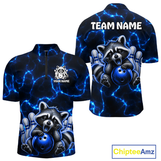 Funny Raccoon Mens Bowling 1/4-Zip Shirt Custom Lightning Cute Bowling Team Outfits