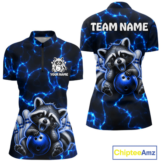 Funny Raccoon Women Bowling 1/4-Zip Shirt Custom Lightning Cute Bowling Team Outfits