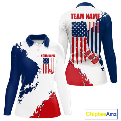 Women's American flag golf polo shirt, patriotic golf apparel, custom golf team shirt, red white blue golf uniform, ladies golf gift