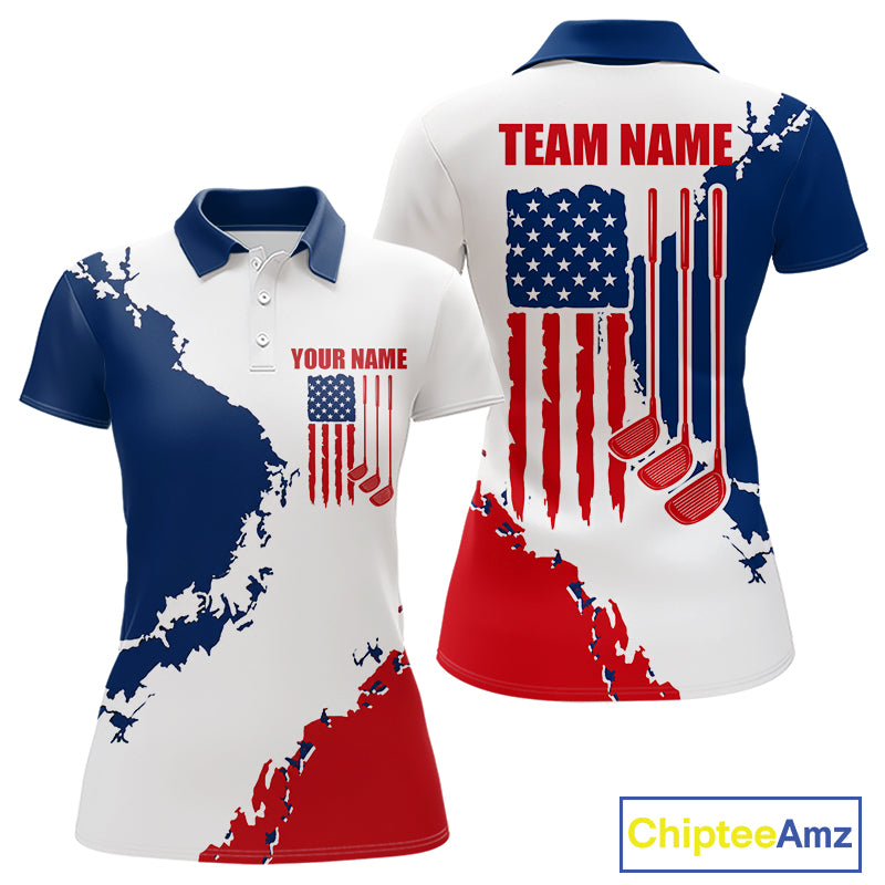 Women's American flag golf polo shirt, patriotic golf apparel, custom golf team shirt, red white blue golf uniform, ladies golf gift
