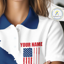 Load image into Gallery viewer, Female golfer wearing American flag golf polo shirt, patriotic golf clothing, custom women's golf apparel