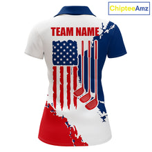 Load image into Gallery viewer, Women's American flag golf polo shirt, patriotic golf apparel, custom golf team shirt, red white blue golf uniform, ladies golf gift