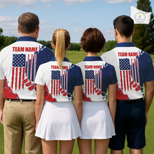 Load image into Gallery viewer, Men women golf team wearing matching American flag golf polo shirts, patriotic golf team uniforms, golf league apparel