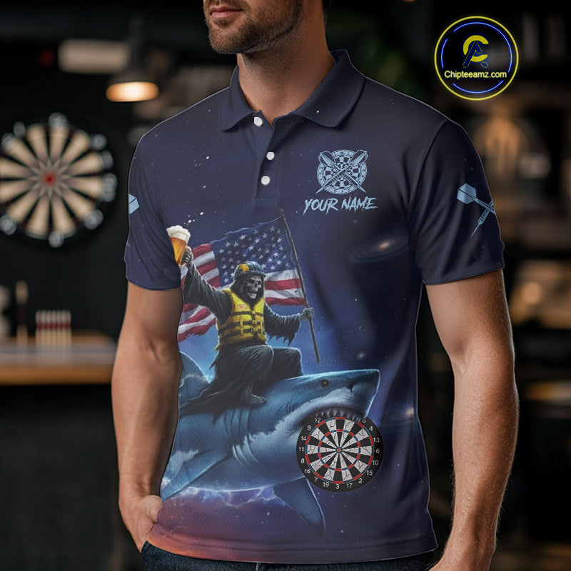 Funny Shark & Skull US Flag Dartboard Custom Men Polo Darts Shirt Dart Jersey NYN2020