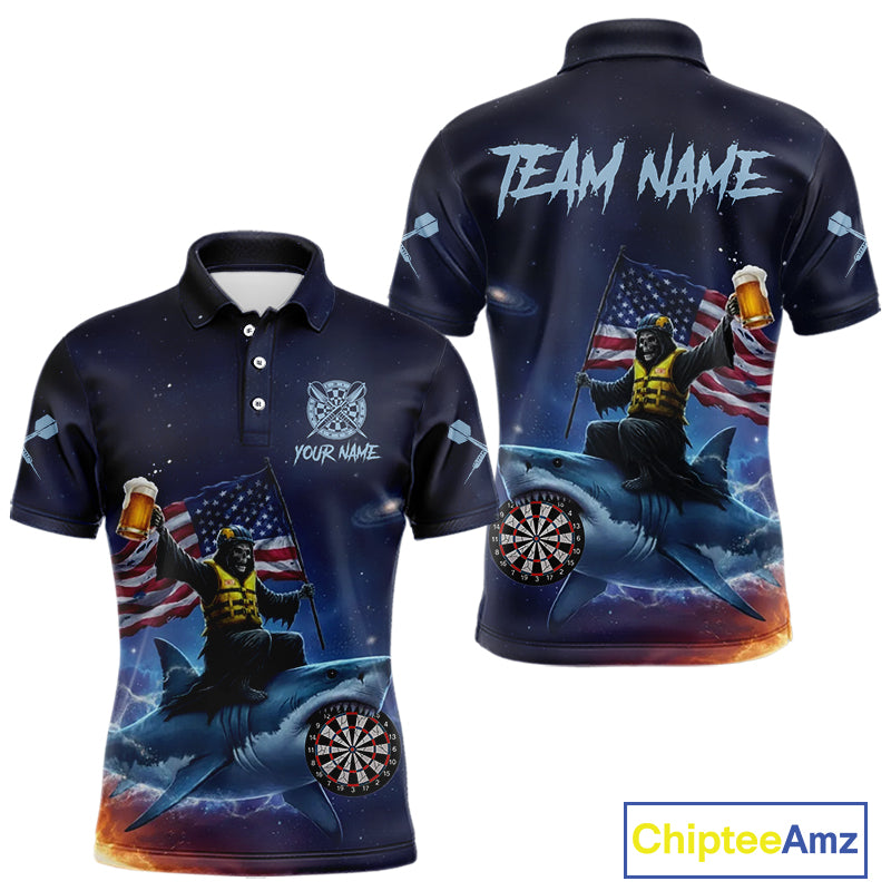 Funny Shark & Skull US Flag Dartboard Custom Men Polo Darts Shirt Dart Jersey NYN2020