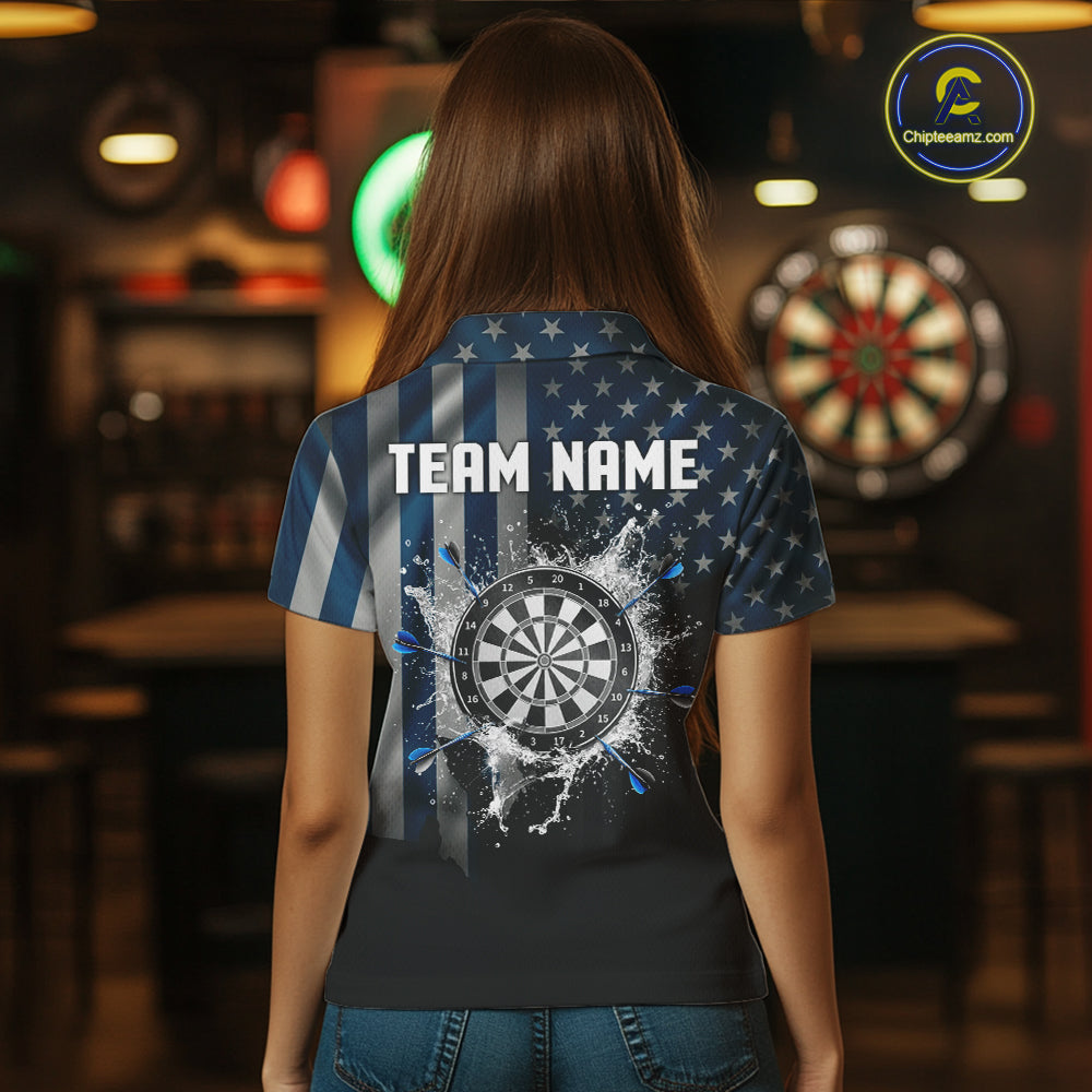 Custom Blue US Flag Water Dartboard Women Darts Polo League Shirts Patriotic Dart Jerseys NYN2246