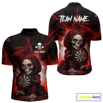 Black & Red Grunge Light Caro Skeleton Men Darts 1/4-Zip Shirt Custom Funny Dart Team Jerseys NYN2539