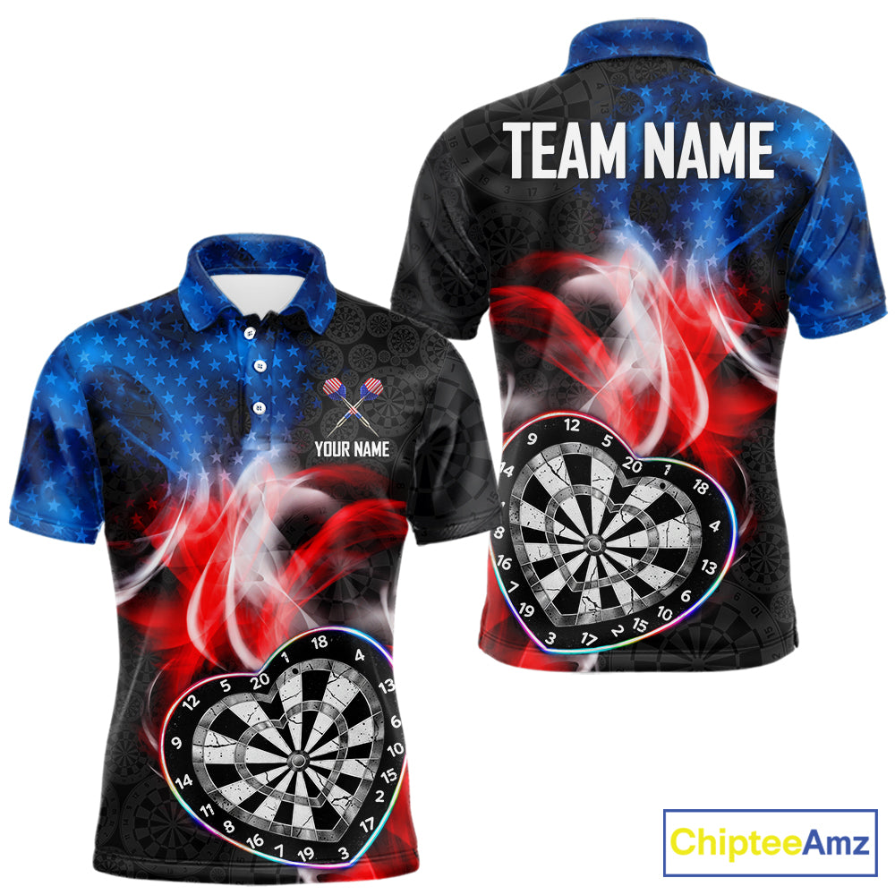 Smoke US Flag Colorful Heart Dartboard Men Darts Valentine Shirt Custom Dart Polo Couple Gifts NYN2544