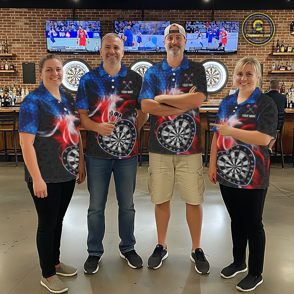 Smoke US Flag Colorful Heart Dartboard Men Darts Valentine Shirt Custom Dart Polo Couple Gifts NYN2544