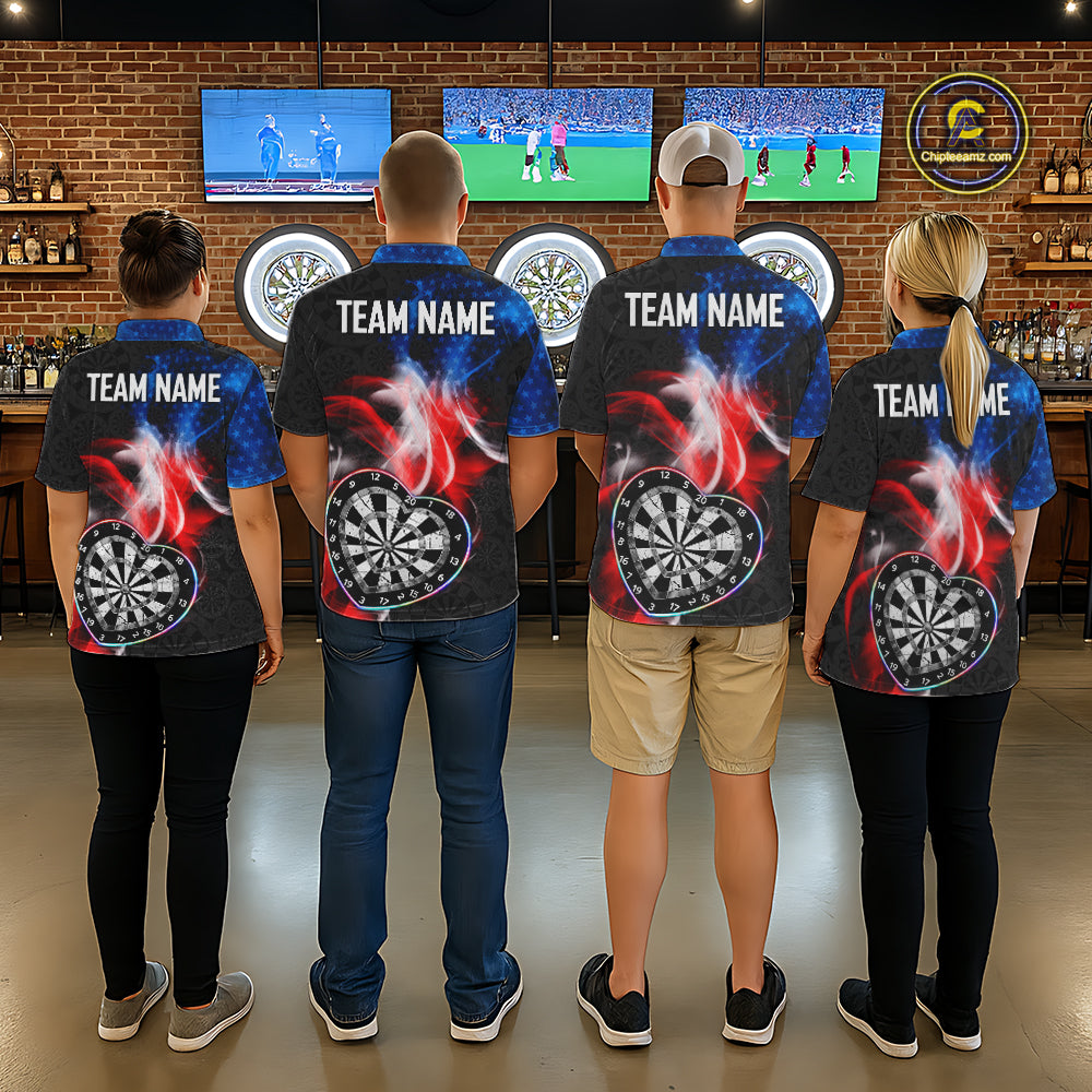 Smoke US Flag Colorful Heart Dartboard Men Darts Valentine Shirt Custom Dart Polo Couple Gifts NYN2544