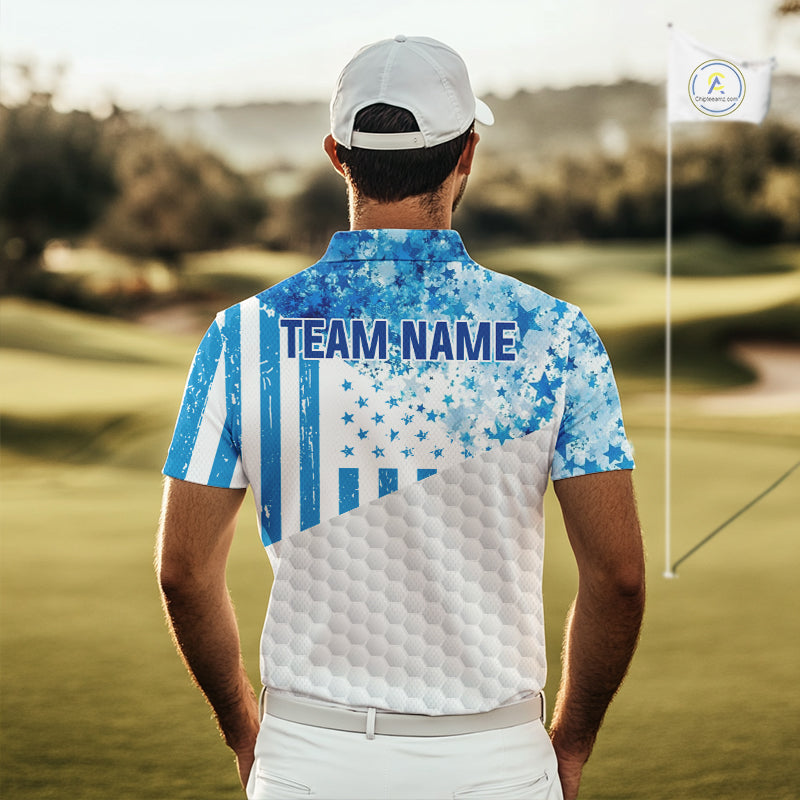 White And Blue American Flag Golf Polos Shirts For Men Custom Patriotic Mens Golf Attire NYN2913