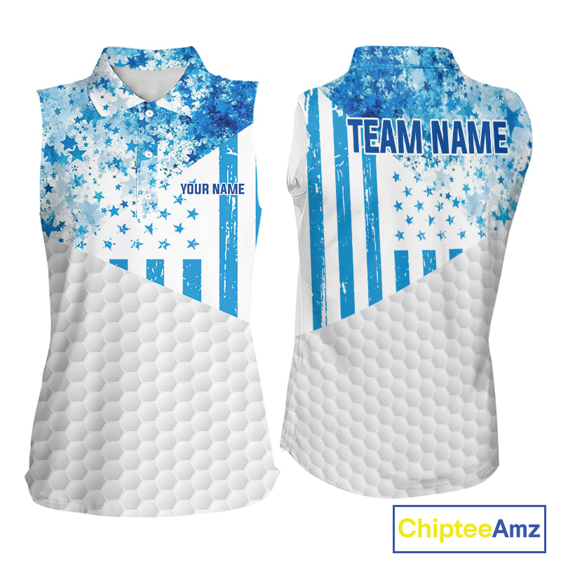 White And Blue American Flag Sleeveless Golf Polos Shirts For Women Custom Patriotic Golf Attire NYN2913