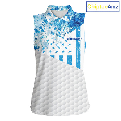 White And Blue American Flag Sleeveless Golf Polos Shirts For Women Custom Patriotic Golf Attire NYN2913