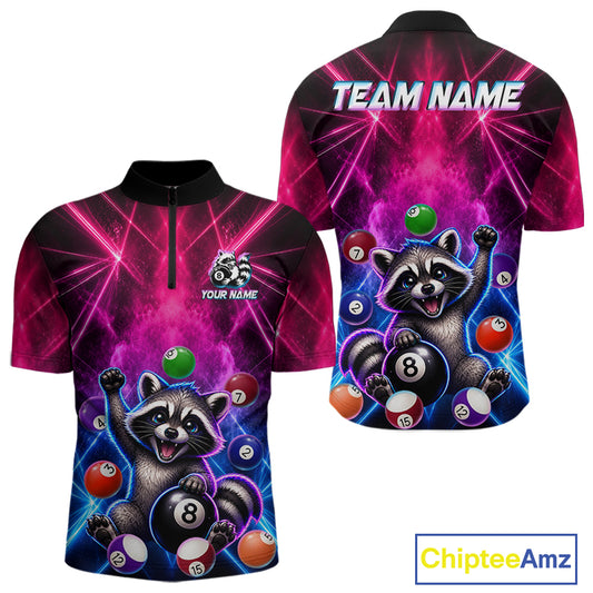 Funny raccoon 8 ball billiard 1/4-zip shirt with pink and blue smoke design for men