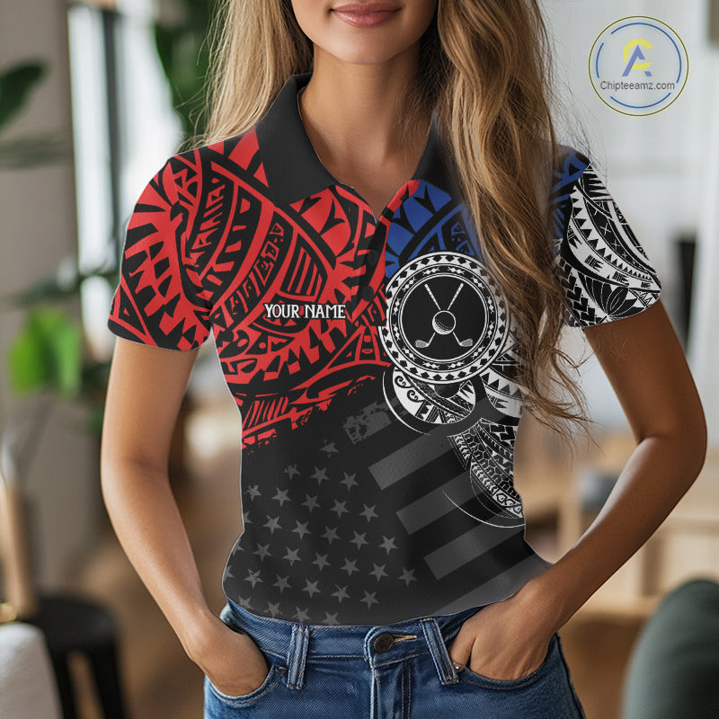 Female golfer wearing American flag tribal golf polo shirt, patriotic golf apparel, women's golf tournament outfit