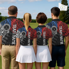Load image into Gallery viewer, Men women golf team wearing matching tribal American flag golf polo shirts, custom golf uniforms, patriotic golf apparel