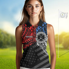 Load image into Gallery viewer, Female golfer wearing American flag tribal golf polo shirt, patriotic golf apparel, women's golf tournament outfit