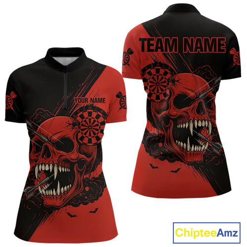 Custom Red Horror Skull Smokes Dartboard Women Quarter-Zip Dart Shirt Grunge Dart Jerseys NYN2027