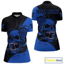 Load image into Gallery viewer, Custom Blue Horror Skull Smokes Dartboard Women Quarter-Zip Dart Shirt Grunge Dart Jerseys NYN2028
