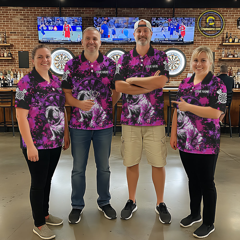Custom Purple Splash Funny Bulldog Men Darts Quarter-Zip League Shirts Splatter Dart Team Jerseys NYN2254