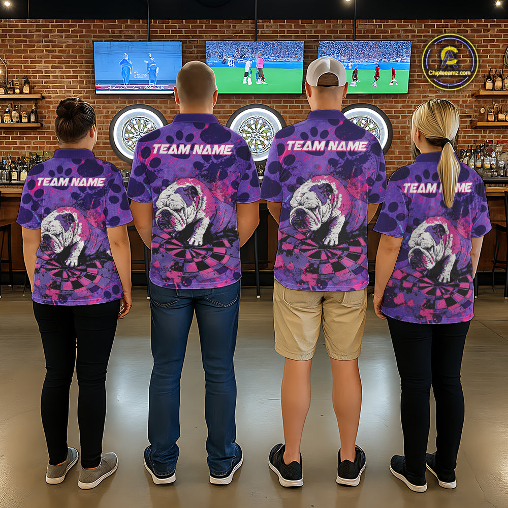 Pink & Purple Splatter Funny Lazy Bulldog Custom Women Darts Polo Shirts Dart League Jerseys NYN2256