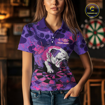Pink & Purple Splatter Funny Lazy Bulldog Custom Women Darts Polo Shirts Dart League Jerseys NYN2256