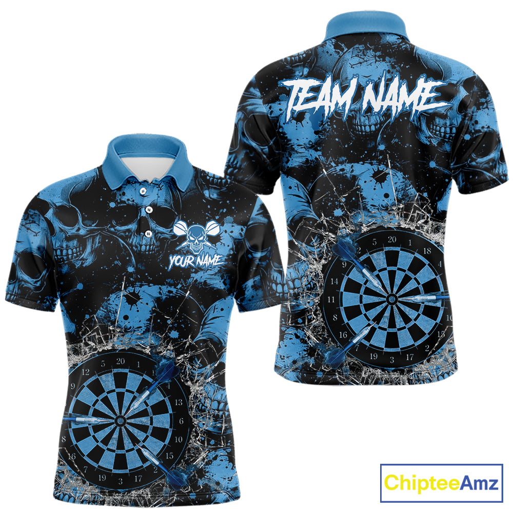 Blue Grunge Skull Cracked Glass Dartboard Custom Men Darts Polo Shirts Dart Team Jerseys NYN2258