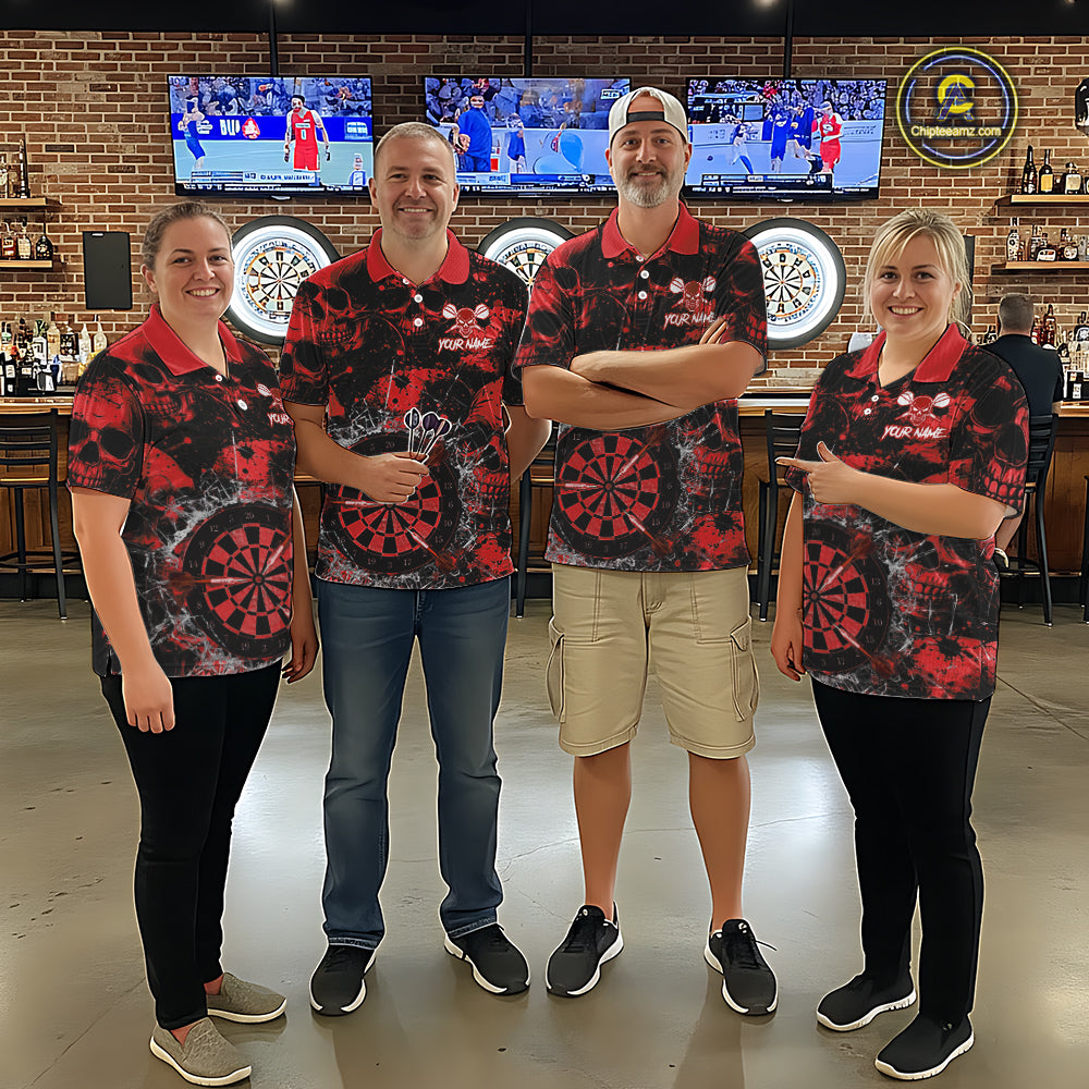 Red Grunge Skull Cracked Glass Dartboard Custom Women Darts Polo Shirts Dart Team Jerseys NYN2259