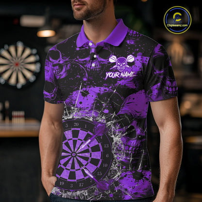 Purple Grunge Skull Cracked Glass Dartboard Custom Men Darts Polo Shirts Dart Team Jerseys NYN2260