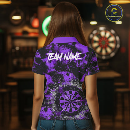 Purple Grunge Skull Cracked Glass Dartboard Custom Women Darts Polo Shirts Dart Team Jerseys NYN2260