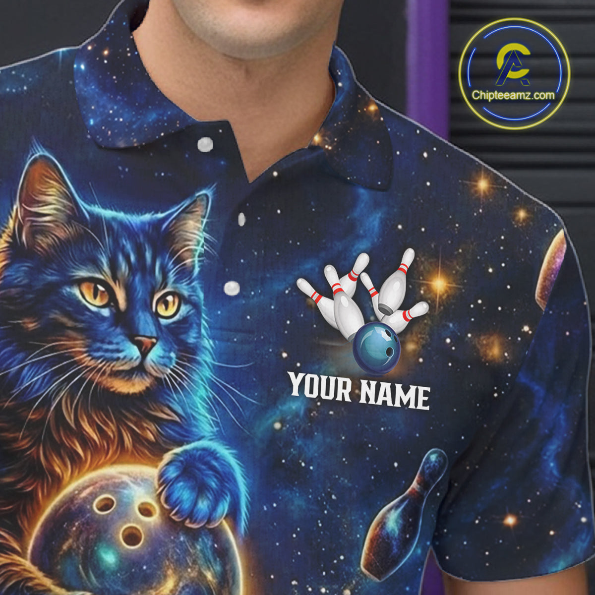 Custom Galaxy Blue Funny Cat Bowling Team Shirt Bowling Jersey Polo & 1/4 Zip Bowling Unisex For Men NYN3123