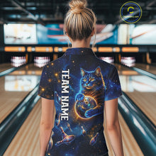 Load image into Gallery viewer, Custom Galaxy Blue Funny Cat Bowling Team Shirt Bowling Jersey Polo &amp; 1/4 Zip Bowling Unisex For Women NYN3123