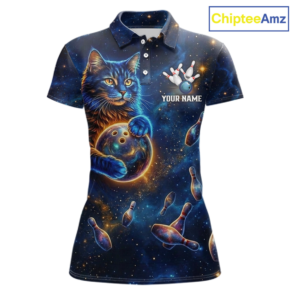 Custom Galaxy Blue Funny Cat Bowling Team Shirt Bowling Jersey Polo & 1/4 Zip Bowling Unisex For Women NYN3123