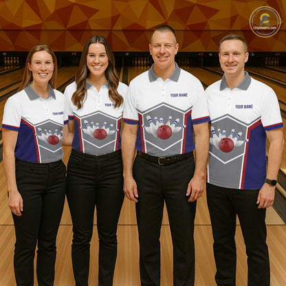 Red, Blue And Gray Bowling Pin Jerseys For Women Custom Bowling Polo 1/4-Zip Shirt, Gift For Bowlers NYN3125