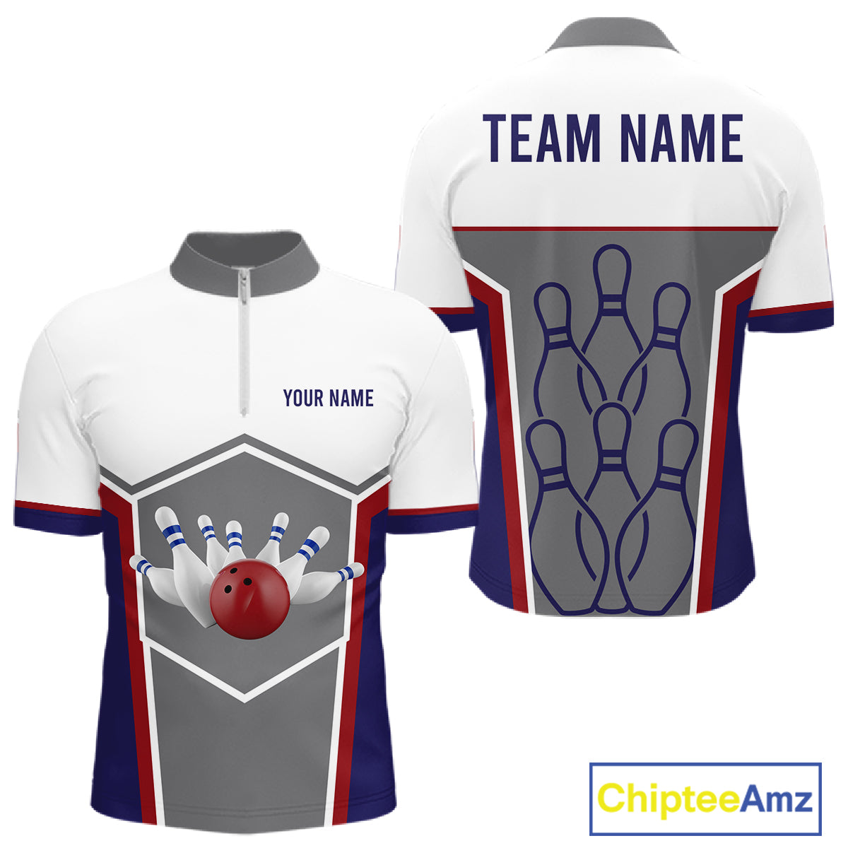 Red, Blue And Gray Bowling Pin Jerseys For Men Custom Bowling Polo 1/4-Zip Shirt, Gift For Bowlers NYN3125