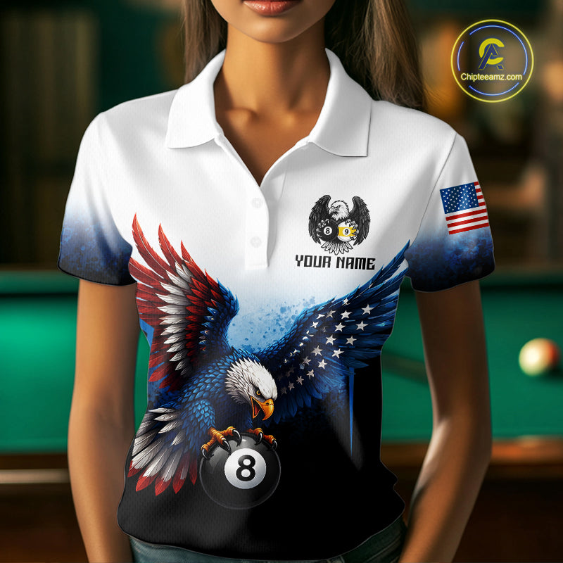 Grunge Blue Funny Eagle 8 Ball & 9 Ball Women Billiard Shirts Custom Patriotic Billiard Team Attire NYN3307