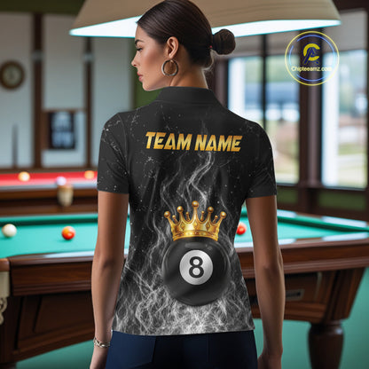Personalized Gold Crown 8 Ball Women Billiard Pool Shirts Custom Fire Flame Billiard Jersey | White NYN3310