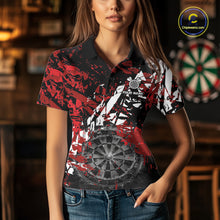 Load image into Gallery viewer, Female darts player wearing black white red grunge dart shirt, smoke dartboard darts jersey, personalized tournament dart apparel