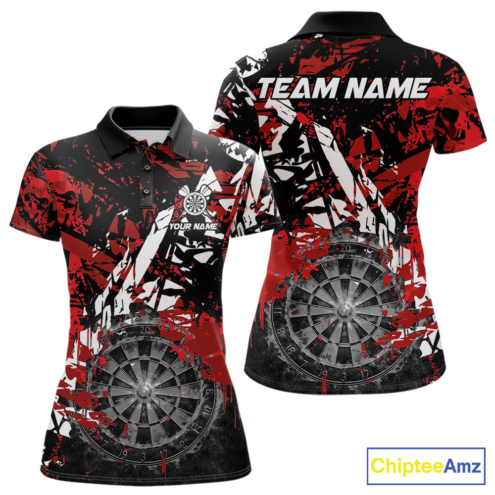 Black white red grunge women's darts polo shirt, smoke dartboard dart jersey, custom darts team uniform, personalized dart apparel, tournament darts clothing
