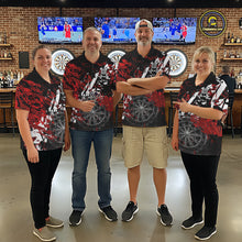 Load image into Gallery viewer, Men women darts team wearing matching smoke dartboard grunge dart jerseys, custom dart league uniforms, competitive darts apparel