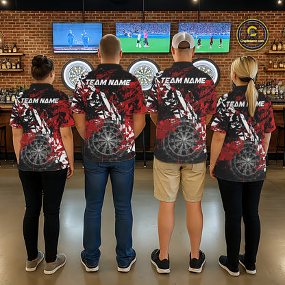 Men women darts team wearing matching smoke dartboard grunge dart jerseys, custom dart league uniforms, competitive darts apparel