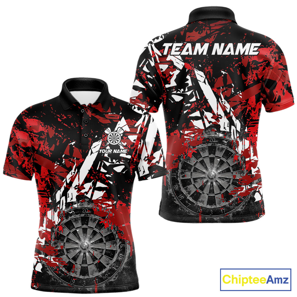 Black white red grunge men's darts polo shirt, smoke dartboard dart jersey, custom darts team uniform, personalized dart apparel, tournament darts clothing