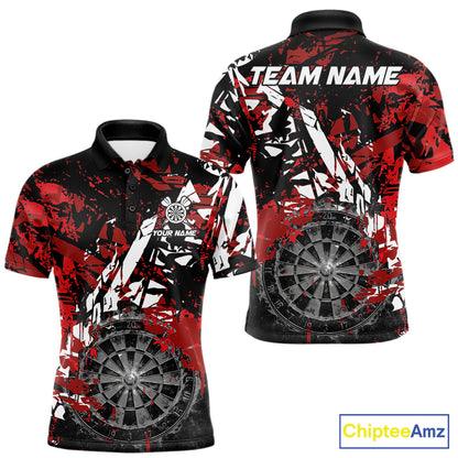Black white red grunge men's darts polo shirt, smoke dartboard dart jersey, custom darts team uniform, personalized dart apparel, tournament darts clothing