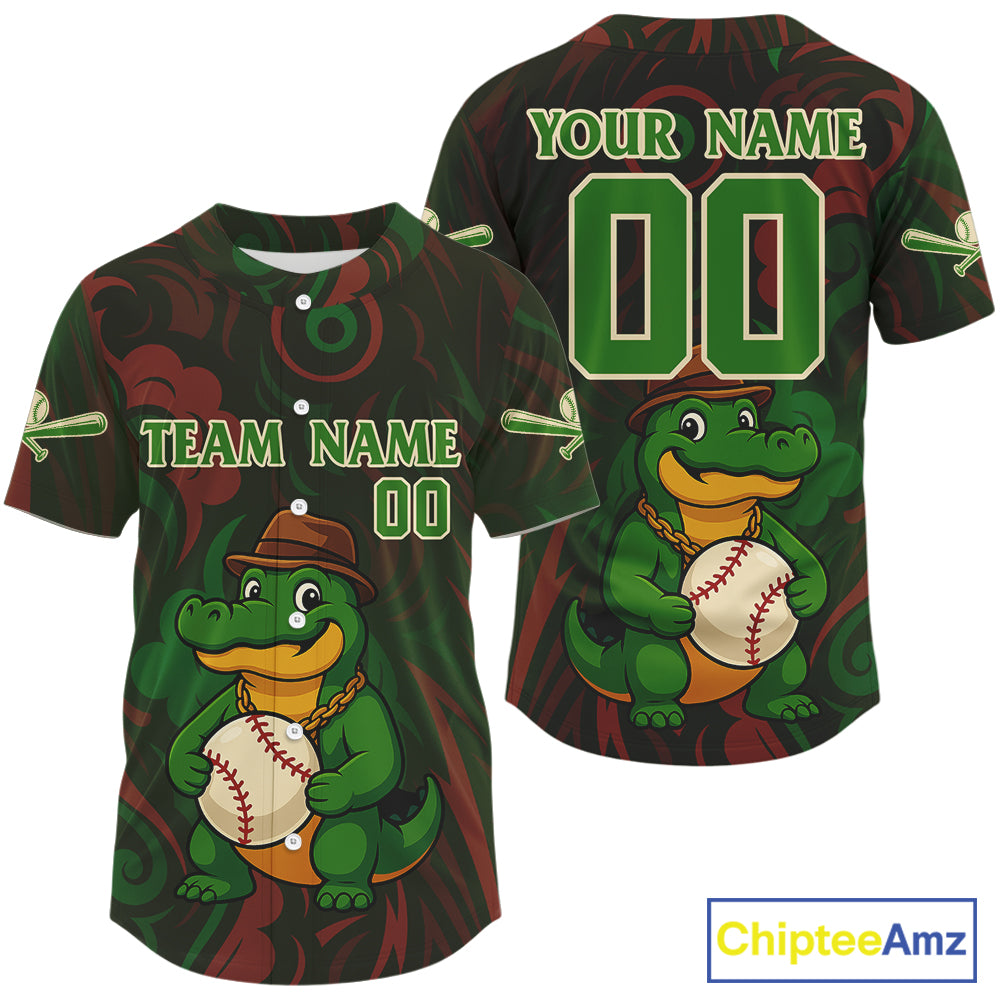 Custom Red And Green Crocodile Funny Baseball Shirt For Men Baseball Tournament Jerseys NYN1507