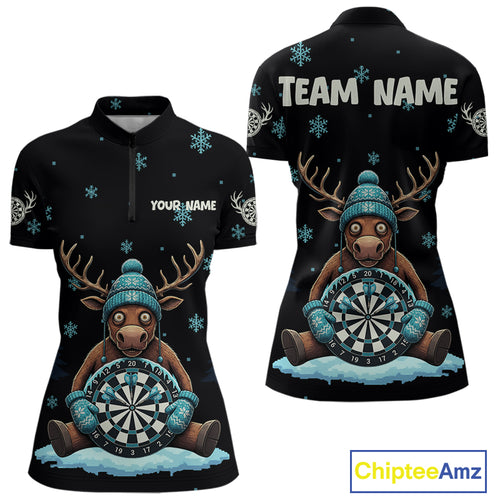 Custom Blue Snowflake Reindeer Ice Dartboard Women 1/4-Zip Dart Jerseys Dart Gifts NYN2044