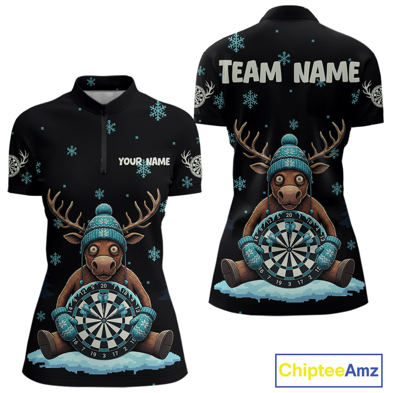 Custom Blue Snowflake Reindeer Ice Dartboard Women 1/4-Zip Dart Jerseys Dart Gifts NYN2044