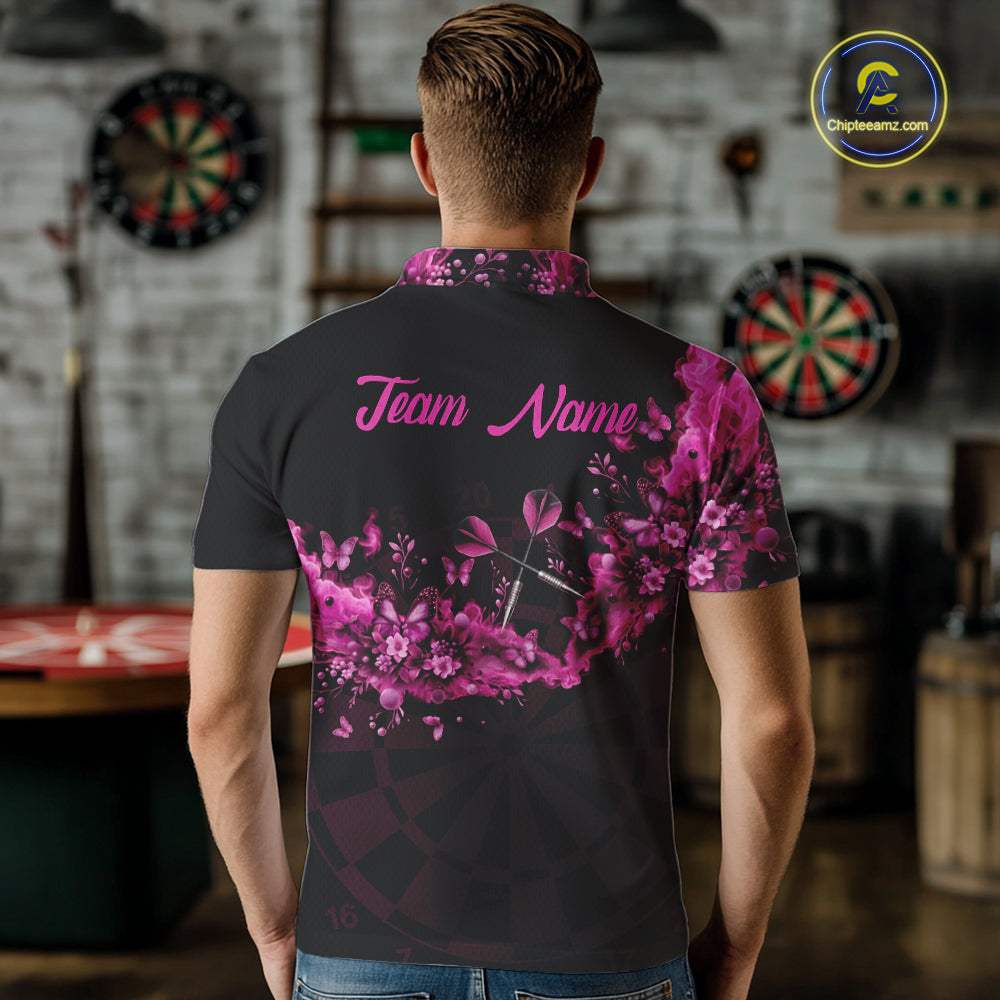 Black And Pink Flowers Smoke Butterflies Custom Men Darts Polo Shirts Dart Team Jerseys NYN2261