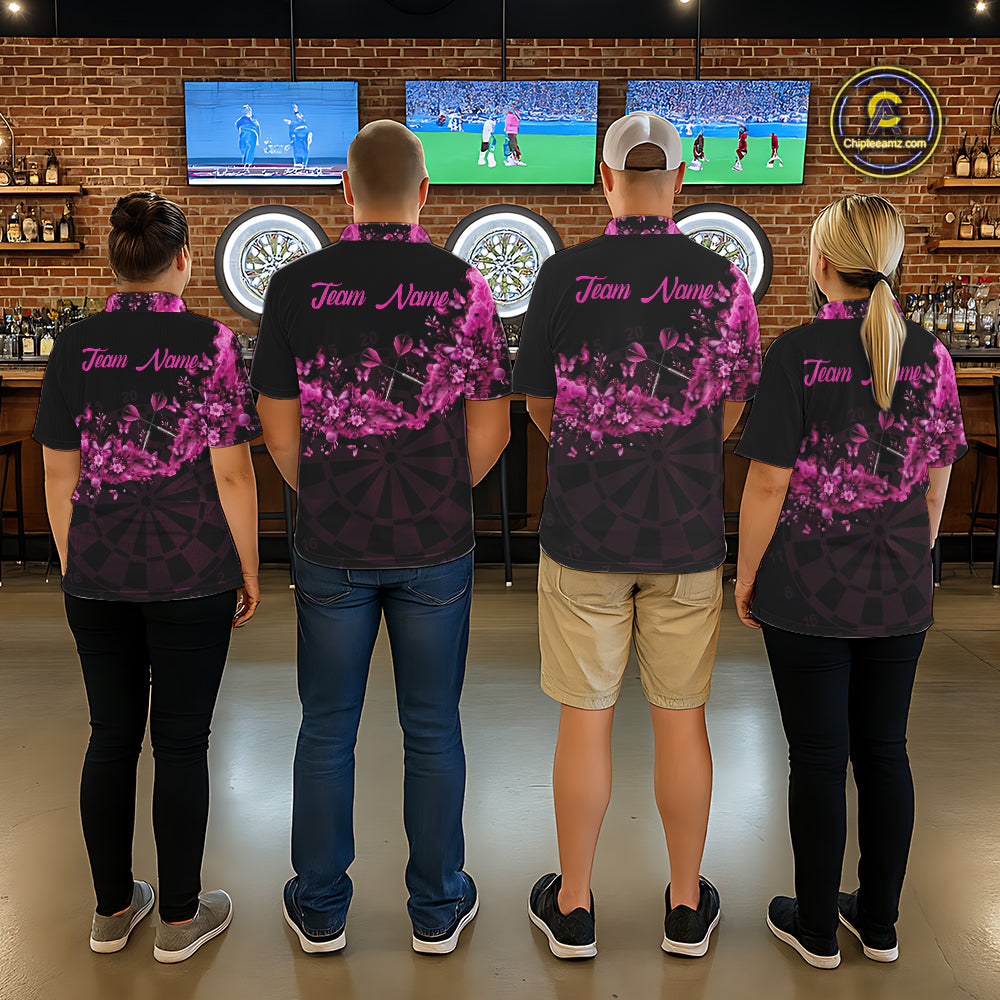 Black And Pink Flowers Smoke Butterflies Custom Men Darts Quarter-Zip Shirts Dart Team Jerseys NYN2261
