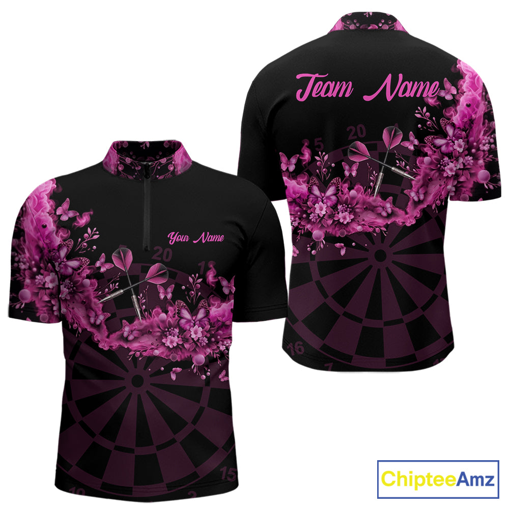 Black And Pink Flowers Smoke Butterflies Custom Men Darts Quarter-Zip Shirts Dart Team Jerseys NYN2261